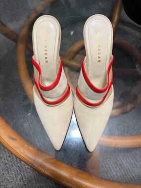 Mia Becar Cream and Red Pointed Slip-On Mules